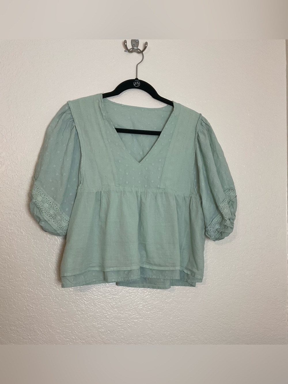 In Loom 100% Cotton Sage Green Swiss Dot Lace Trim Babydoll Blouse Size M - Picture 9 of 9